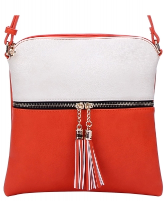 Fashion Puzzle Tassel Zip Pocket Crossbody Bag LP062S WHITE/CORAL ROSE